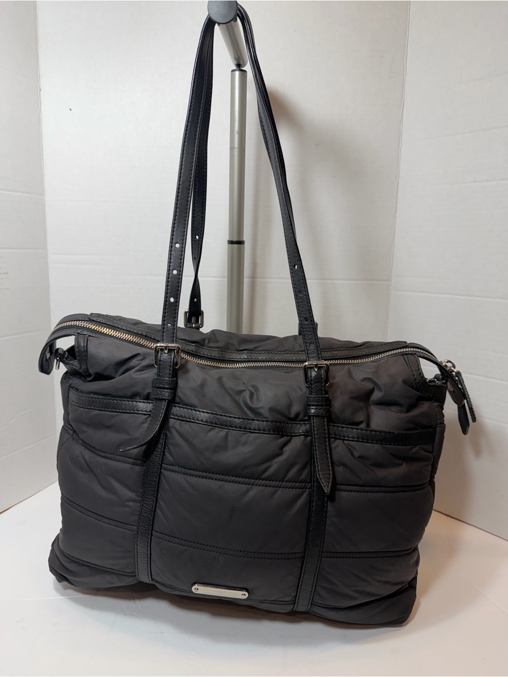 BURBERRY Abbey Quilted Black Nylon Diaper Tote Bag Leather Trim